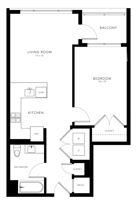 Floor plan for 1 bed, 1 bath, 637 sqft